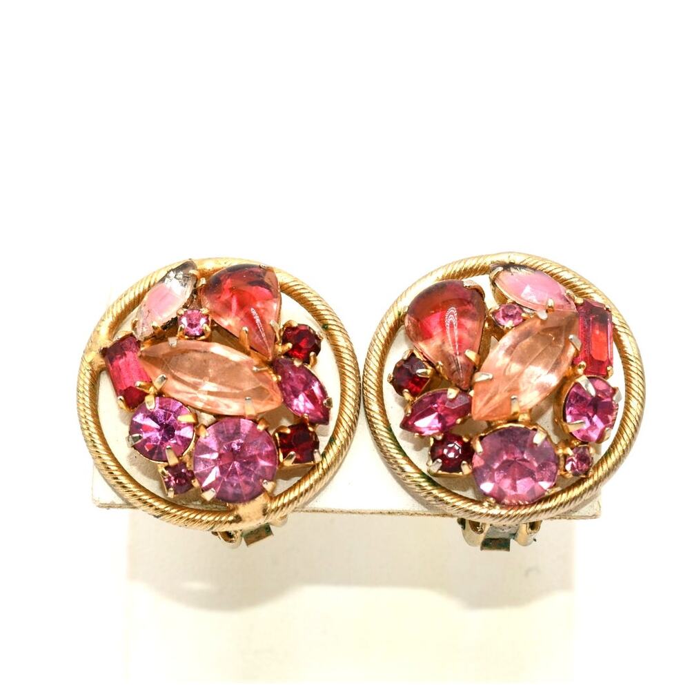 Vintage Pink Rhinestone Clip On Earrings Weiss Style Round 1960s